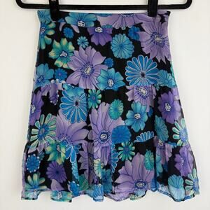 Vintage S.L.B. Petite Womens Floral 100% Silk Purple/Teal/Black Mini Skirt 2P